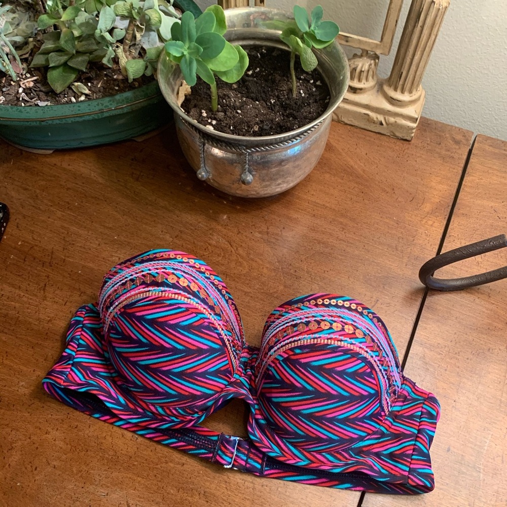 Xhilaration swimwear strapless firm top blue pink red hook latch fun swim sexy